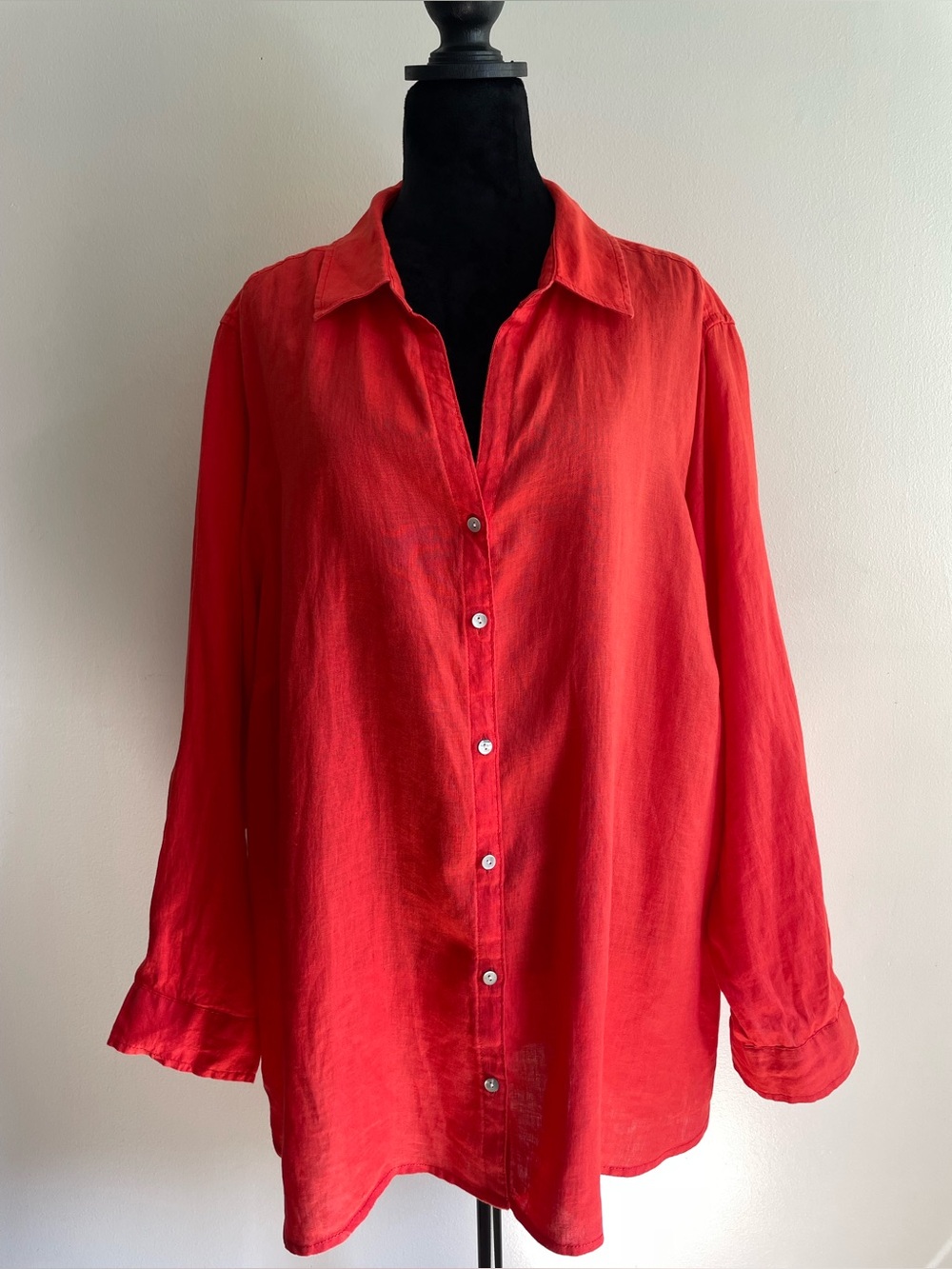 Sigrid Olsen 100% Linen Button Front Shirt 3X Coral Red Relaxed Plus Size